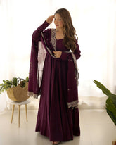 Divine Purple Heavy Roman Silk Chanderi Anarkali Gown